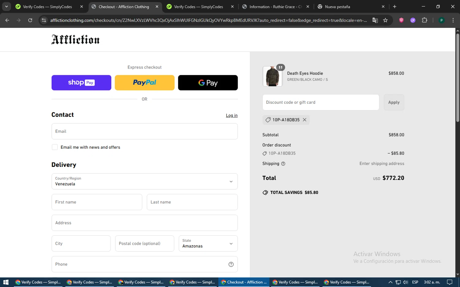 Affliction Clothing promo code screenshot showing code 10P-a18db35 applied at Affliction Clothing checkout page. Uploaded by SimplyCodes community member LegendaryWarden2503 on Jun 16, 2025