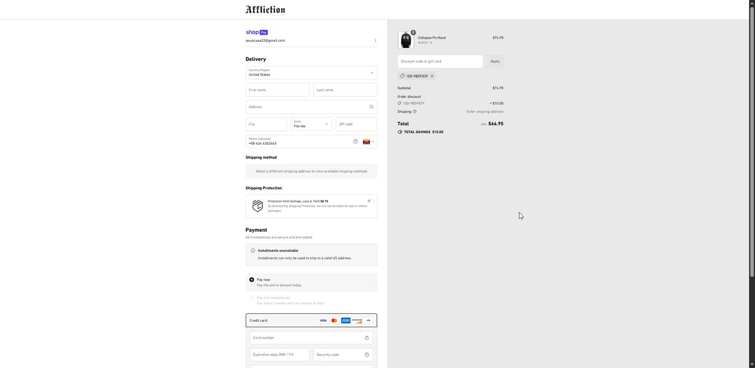 Affliction Clothing promo code screenshot showing code 10D-9b5f839 applied at Affliction Clothing checkout page. Uploaded by SimplyCodes community member Raibelys_18 on Jul 10, 2025