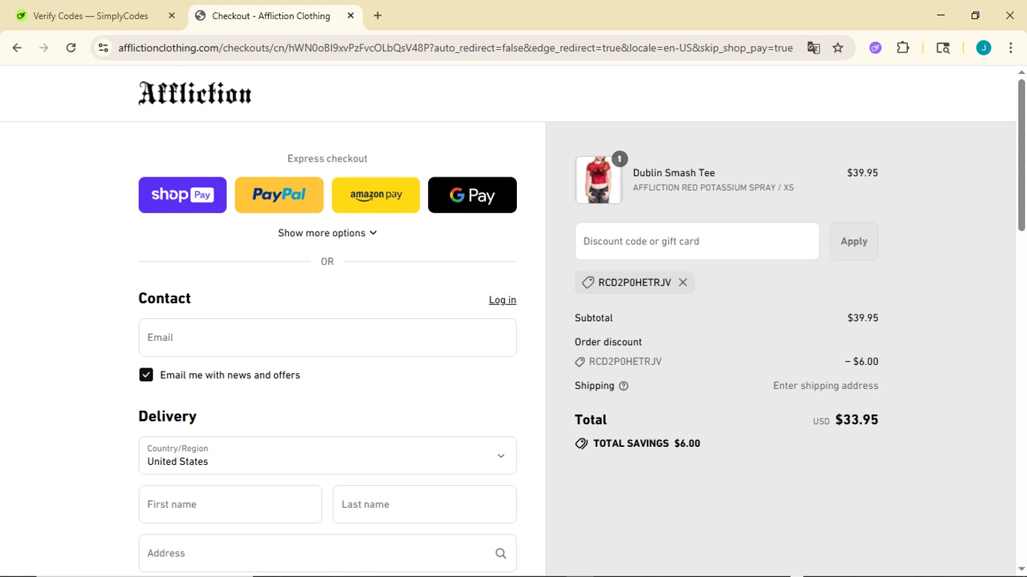 Affliction Clothing promo code screenshot showing code RCD2P0HETRJV applied at Affliction Clothing checkout page. Uploaded by SimplyCodes community member GoldDefender3268 on Jul 19, 2025