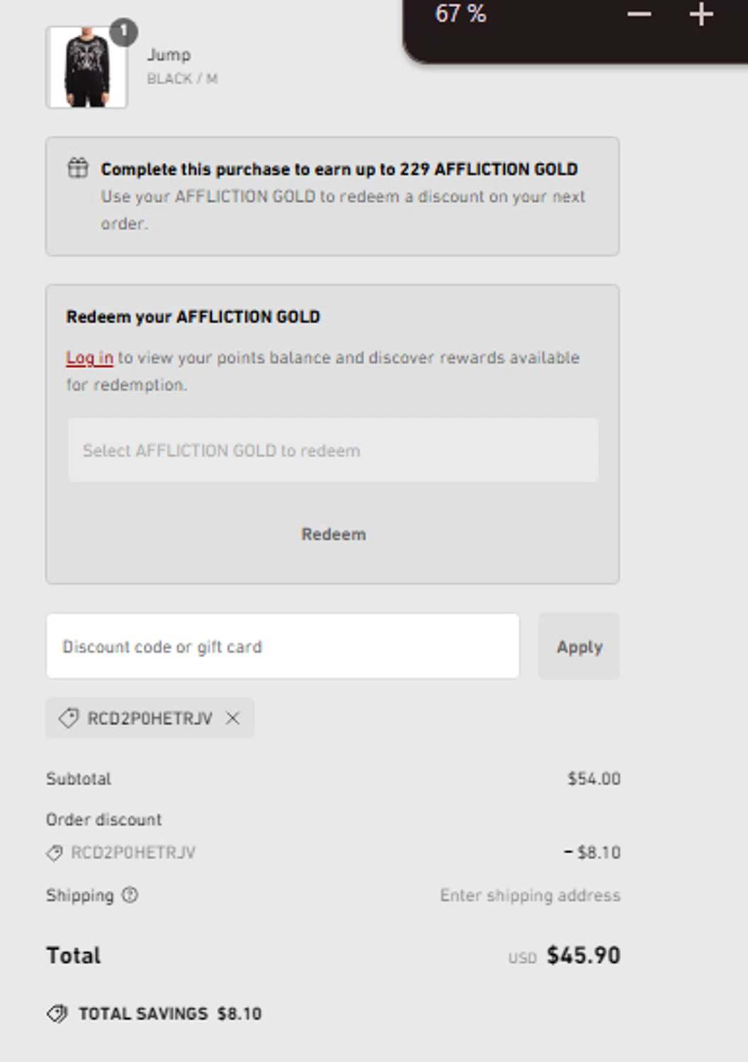 Affliction Clothing promo code screenshot showing code RCD2P0HETRJV applied at Affliction Clothing checkout page. Uploaded by SimplyCodes community member Toundji on Dec 28, 2024