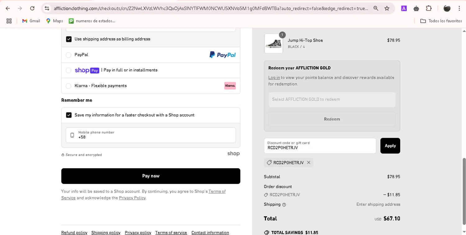 Affliction Clothing promo code screenshot showing code RCD2P0HETRJV applied at Affliction Clothing checkout page. Uploaded by SimplyCodes community member adrianvasquez1 on Apr 28, 2025
