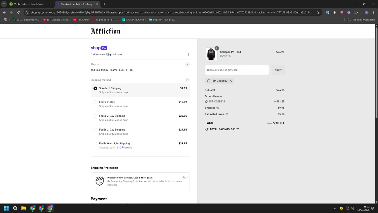Affliction Clothing promo code screenshot showing code 15P-C2EB833 applied at Affliction Clothing checkout page. Uploaded by SimplyCodes community member RoyalGuardian2978 on Jul 10, 2025