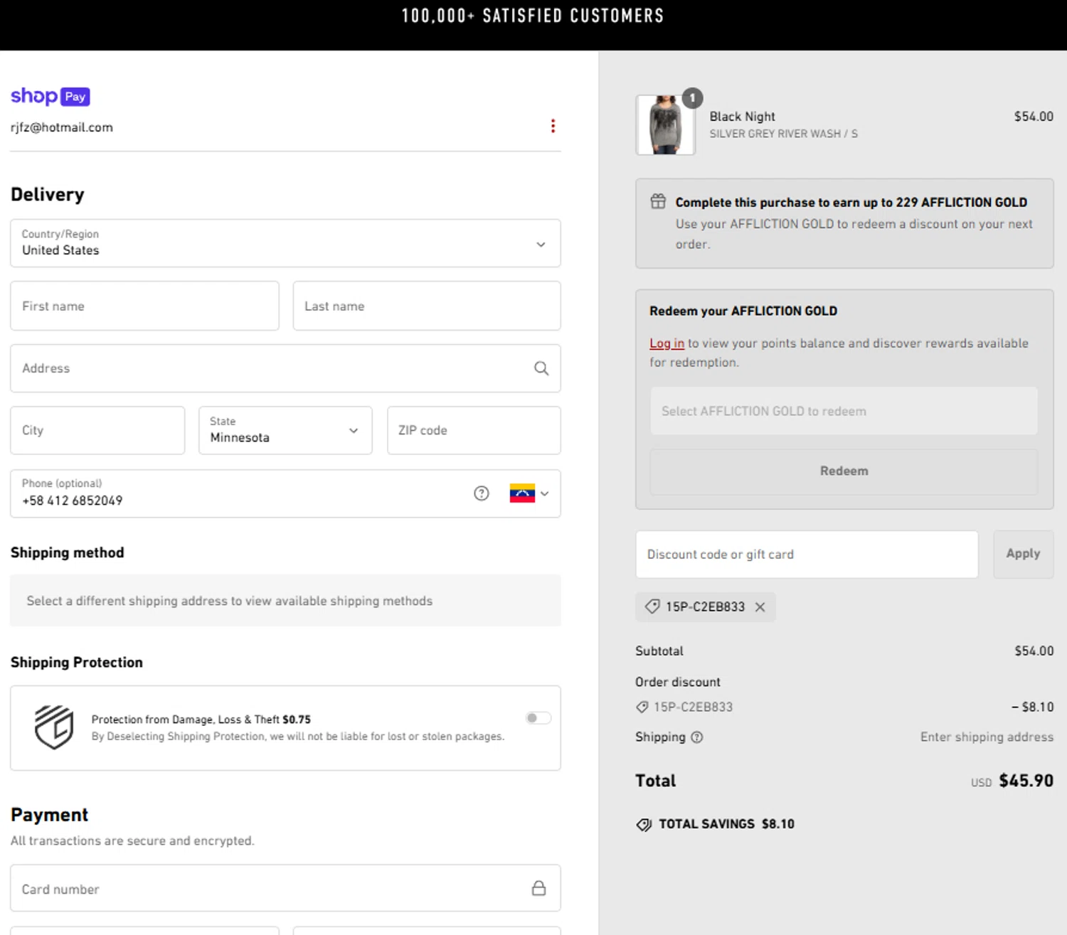 Affliction Clothing promo code screenshot showing code 15P-C2EB833 applied at Affliction Clothing checkout page. Uploaded by SimplyCodes community member BonusDefender8823 on Feb 14, 2025