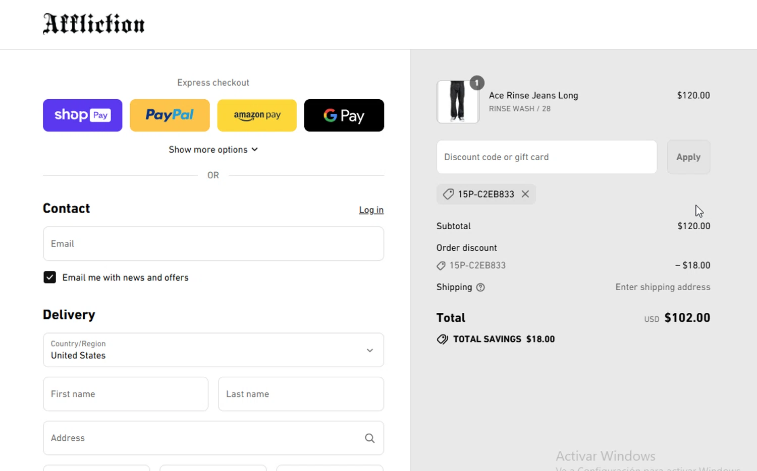 Affliction Clothing promo code screenshot showing code 15P-C2EB833 applied at Affliction Clothing checkout page. Uploaded by SimplyCodes community member danyx_gx on Jul 23, 2025