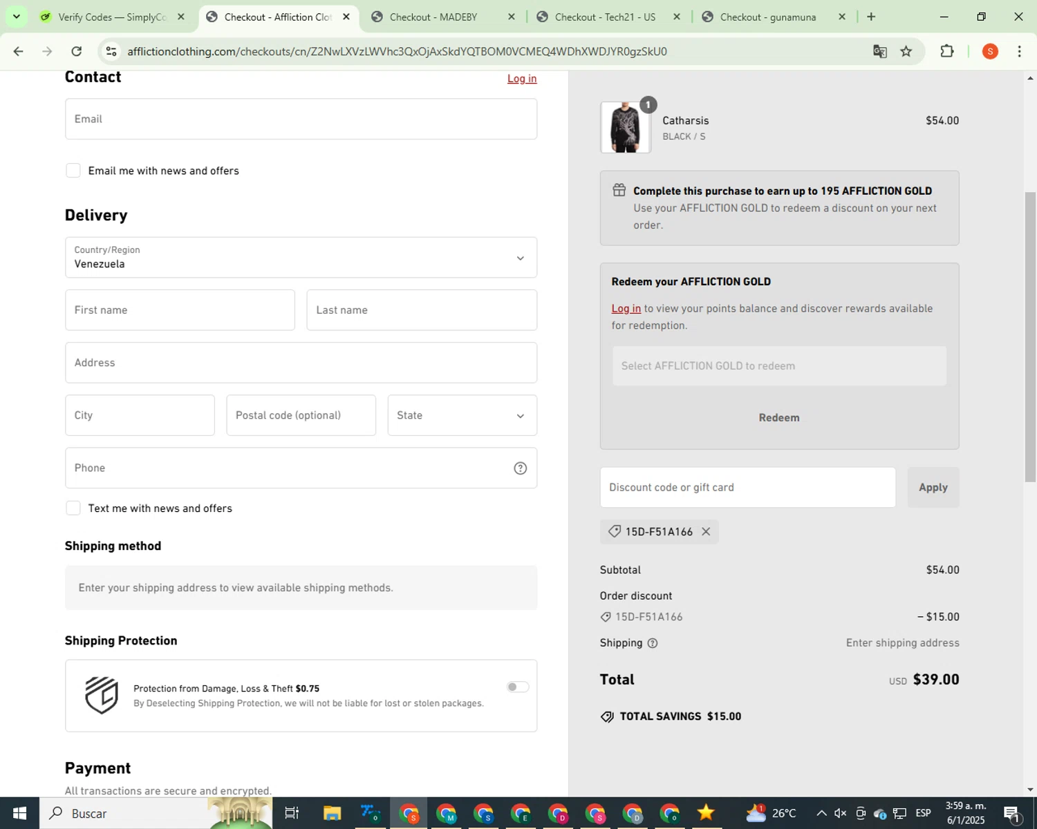 Affliction Clothing promo code screenshot showing code 15D-F51A166 applied at Affliction Clothing checkout page. Uploaded by SimplyCodes community member CrownBoss9623 on Jan 6, 2025