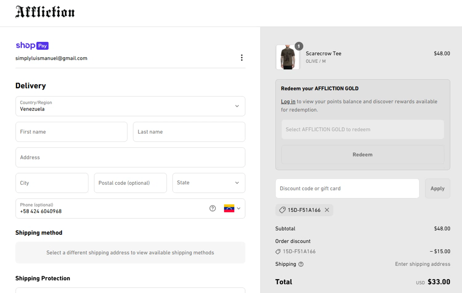Affliction Clothing promo code screenshot showing code 15D-F51A166 applied at Affliction Clothing checkout page. Uploaded by SimplyCodes community member MagnificentTiger8908 on Apr 21, 2025