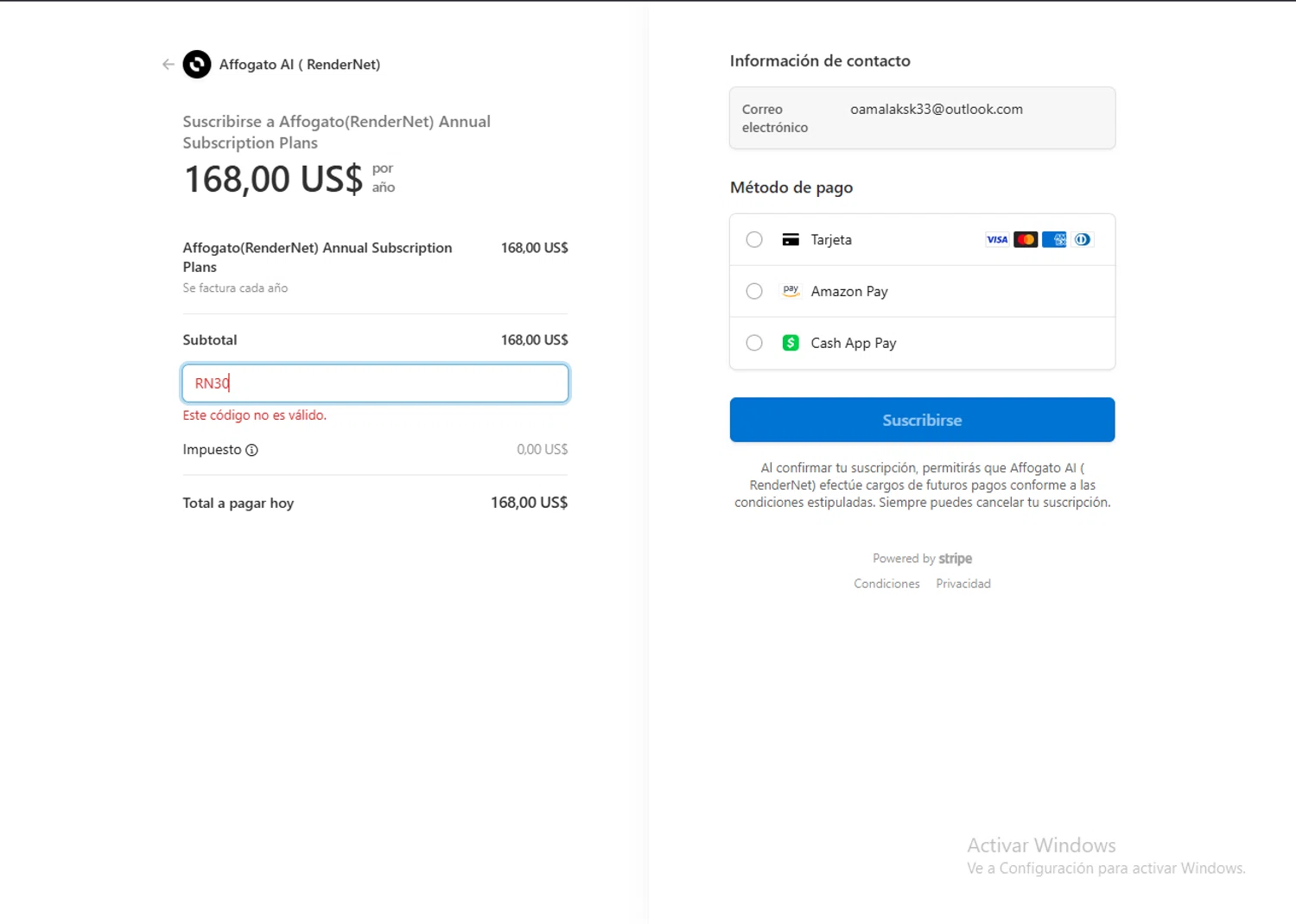Affogato AI promo code screenshot showing code RN30 applied at Affogato AI checkout page. Uploaded by SimplyCodes community member MagnificentBoss8201 on Jun 12, 2025
