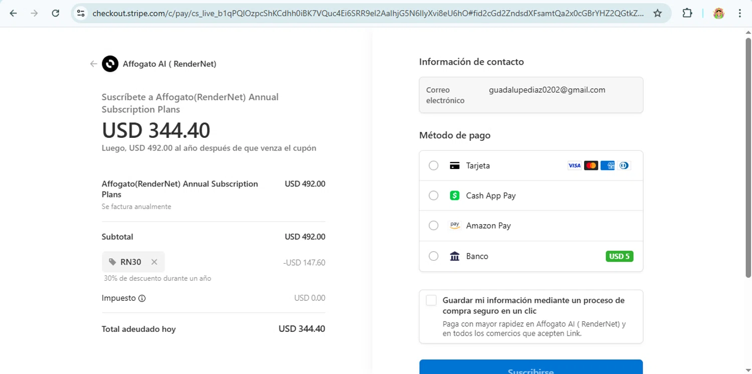 Affogato AI promo code screenshot showing code RN30 applied at Affogato AI checkout page. Uploaded by SimplyCodes community member laurachirinos on May 29, 2025