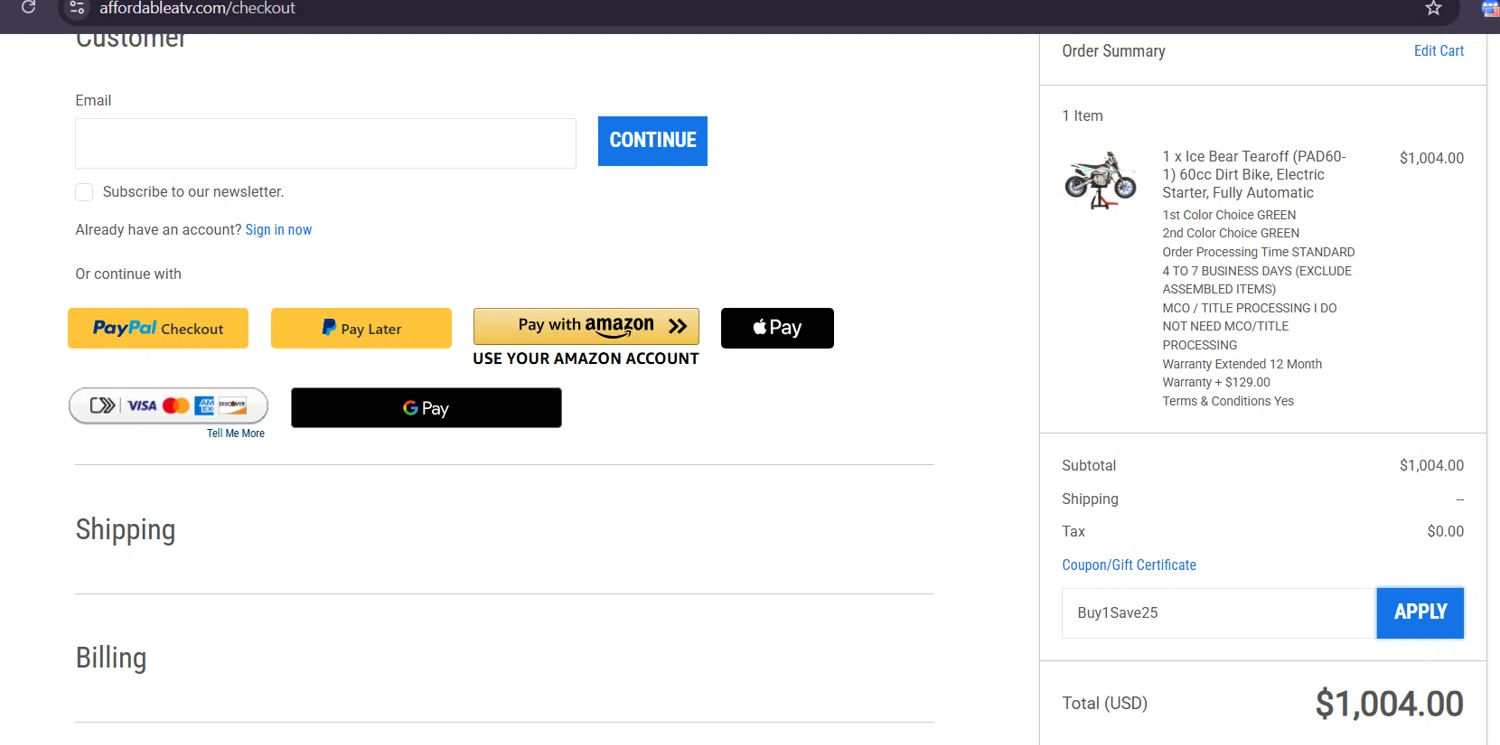Affordable ATV promo code screenshot showing code Buy1Save25 applied at Affordable ATV checkout page. Uploaded by SimplyCodes community member Coolemorestt on Apr 23, 2025