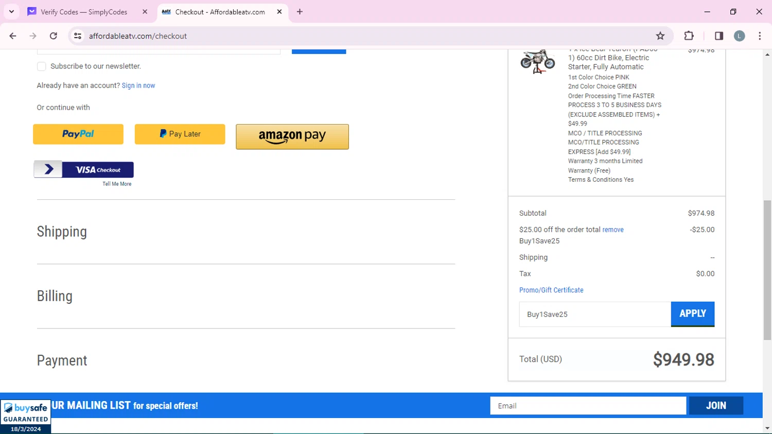 Affordable ATV checkout page showing Affordable ATV promo code box | Screenshot taken by SimplyCodes community member on Mar 18, 2024