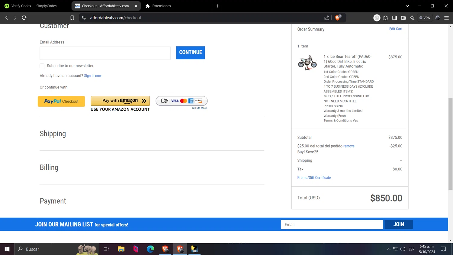 Affordable ATV checkout page showing Affordable ATV promo code box | Screenshot taken by SimplyCodes community member on Oct 5, 2024