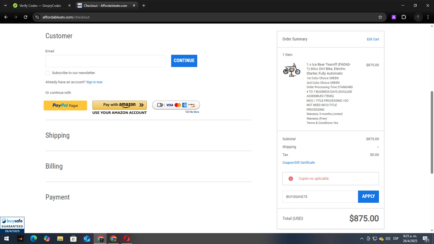 Affordable ATV promo code screenshot showing code BUY3SAVE75 applied at Affordable ATV checkout page. Uploaded by SimplyCodes community member Andy2323 on Apr 26, 2025