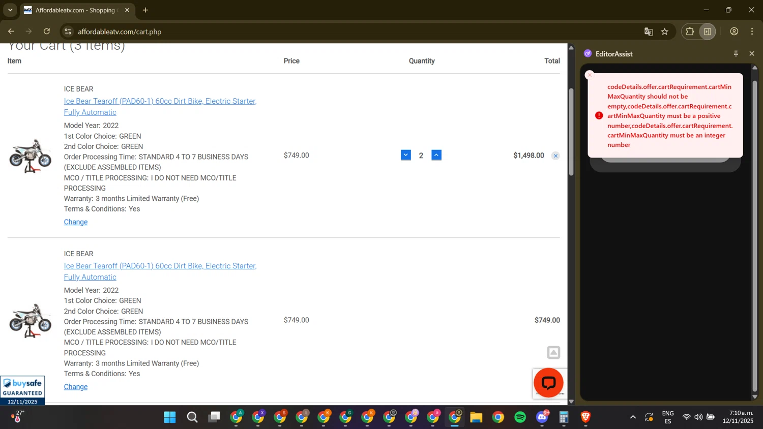 Affordable ATV promo code screenshot showing code BUY3SAVE75 applied at Affordable ATV checkout page. Uploaded by SimplyCodes community member DanielR24 on Nov 12, 2025