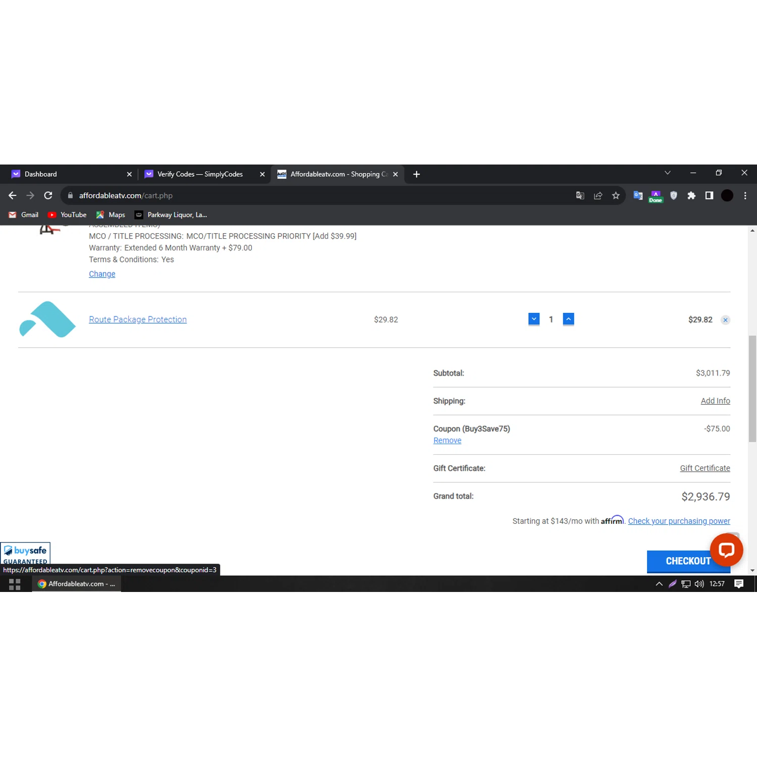 Affordable ATV checkout page showing Affordable ATV promo code box | Screenshot taken by SimplyCodes community member on Sep 3, 2023