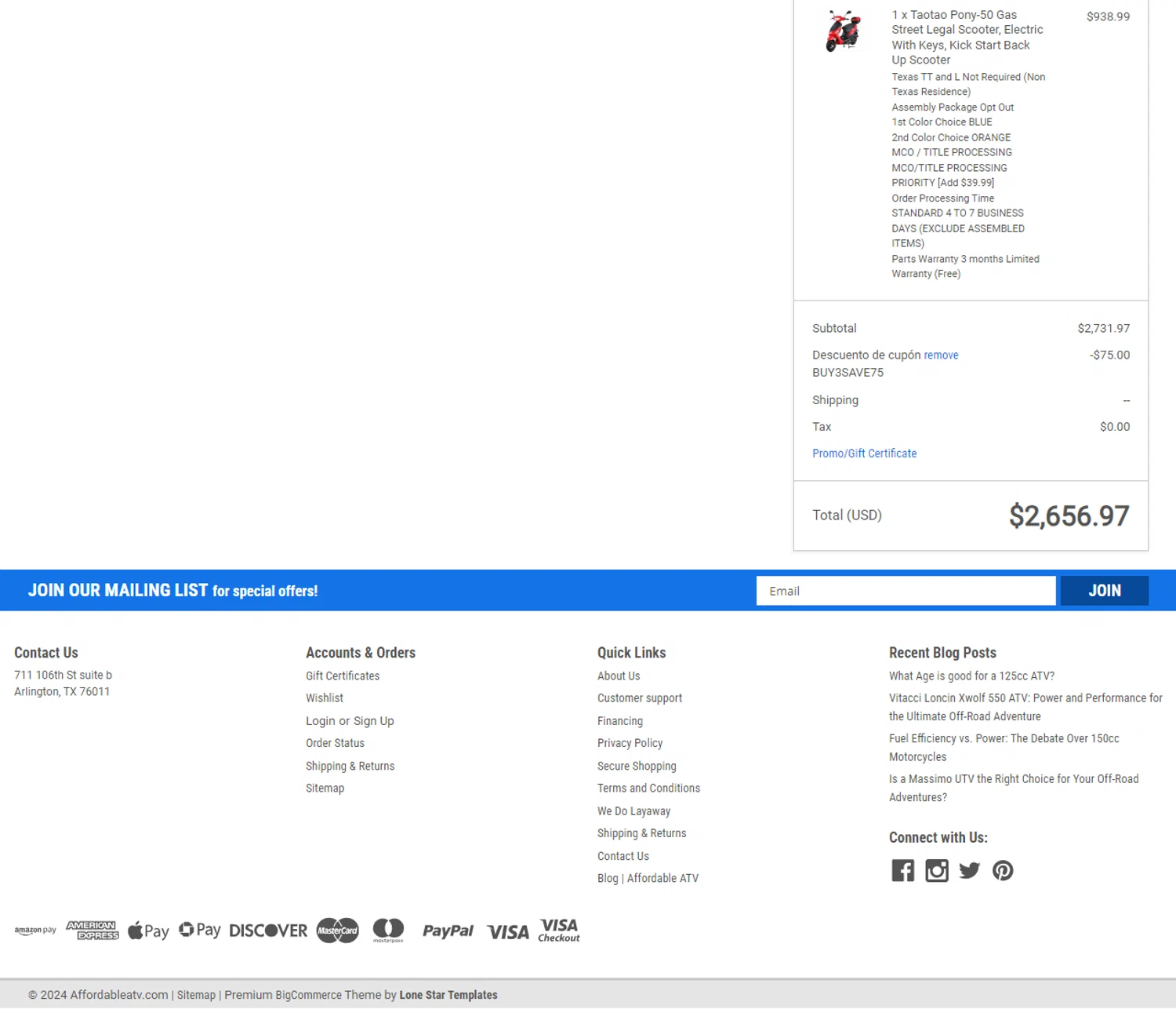 Affordable ATV checkout page showing Affordable ATV promo code box | Screenshot taken by SimplyCodes community member on Oct 8, 2024