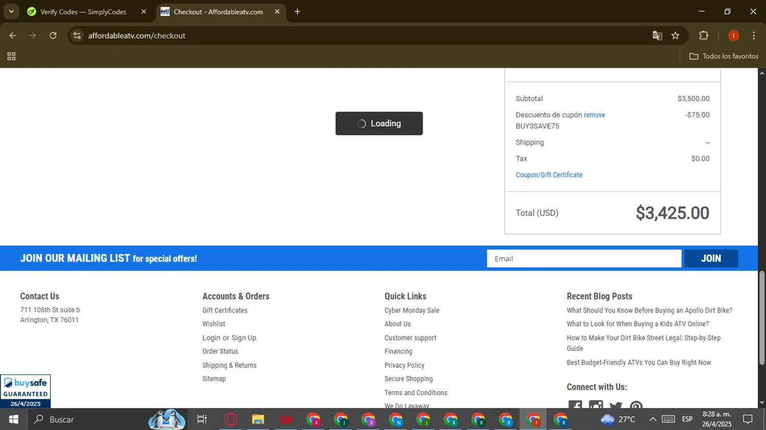 Affordable ATV promo code screenshot showing code BUY3SAVE75 applied at Affordable ATV checkout page. Uploaded by SimplyCodes community member CouponAce3224 on Apr 26, 2025