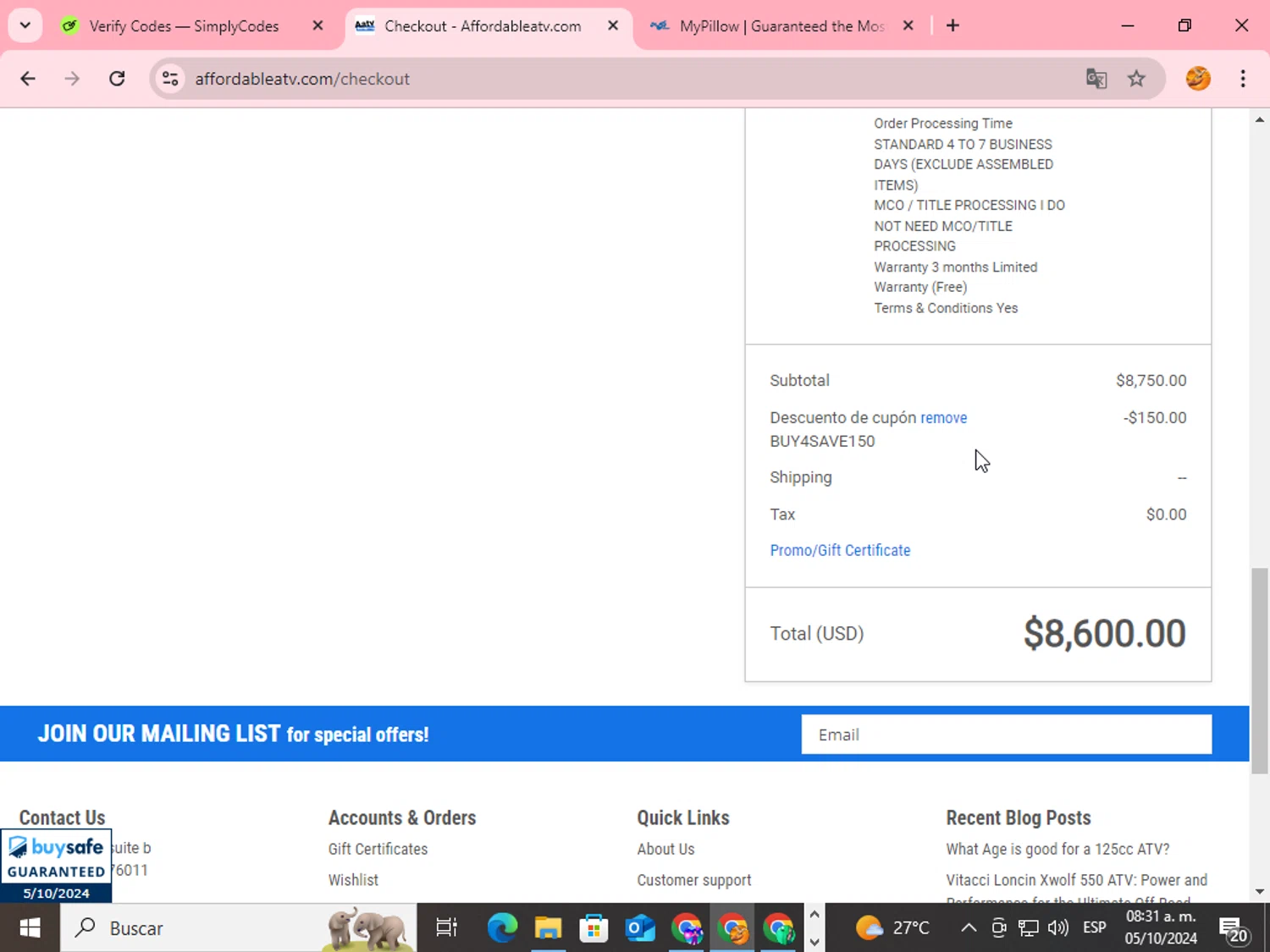 Affordable ATV checkout page showing Affordable ATV promo code box | Screenshot taken by SimplyCodes community member on Oct 5, 2024