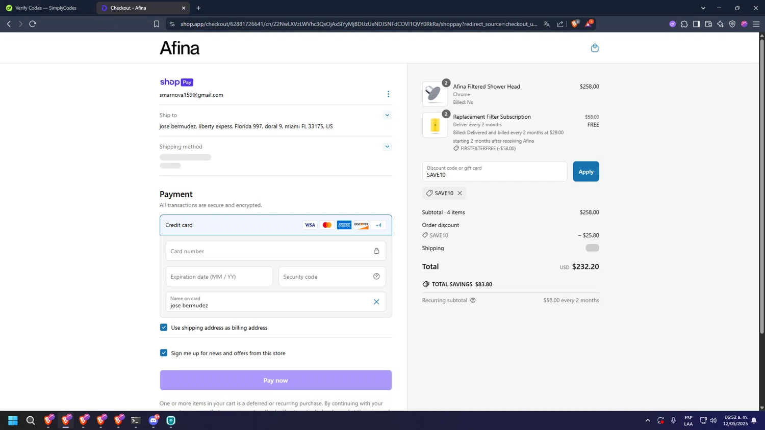 Afina Shower promo code screenshot showing code SAVE10 applied at Afina Shower checkout page. Uploaded by SimplyCodes community member diosgreed2030 on May 12, 2025