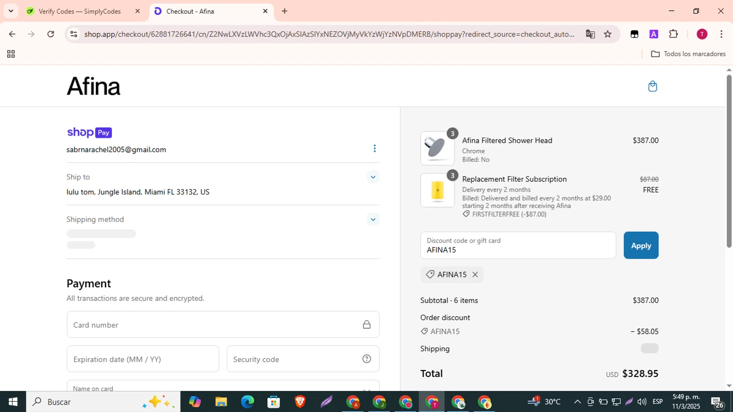 Afina Shower promo code screenshot showing code AFINA15 applied at Afina Shower checkout page. Uploaded by SimplyCodes community member SavvyLynx7166 on Mar 11, 2025
