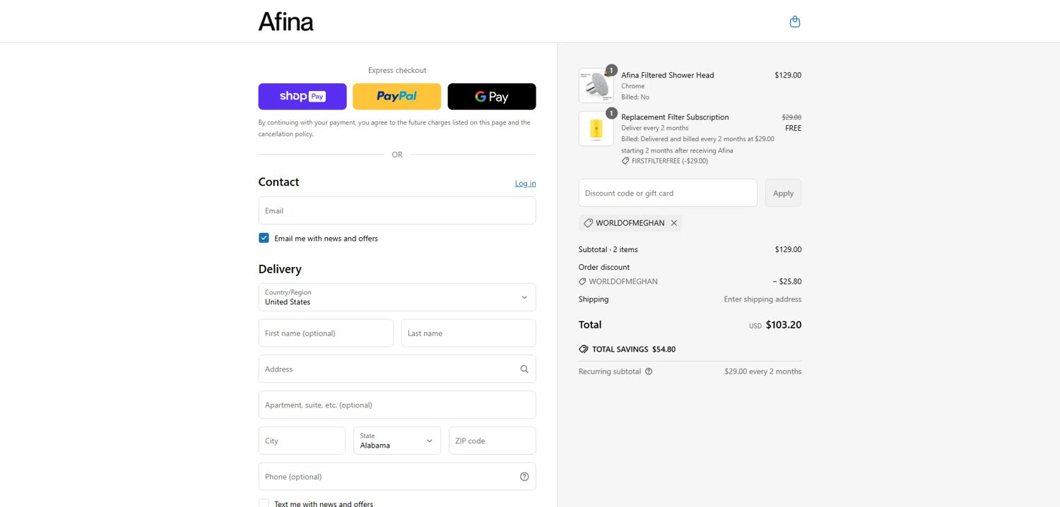 Afina Shower promo code screenshot showing code WORLDOFMEGHAN applied at Afina Shower checkout page. Uploaded by SimplyCodes community member Dorothy on Jun 26, 2025