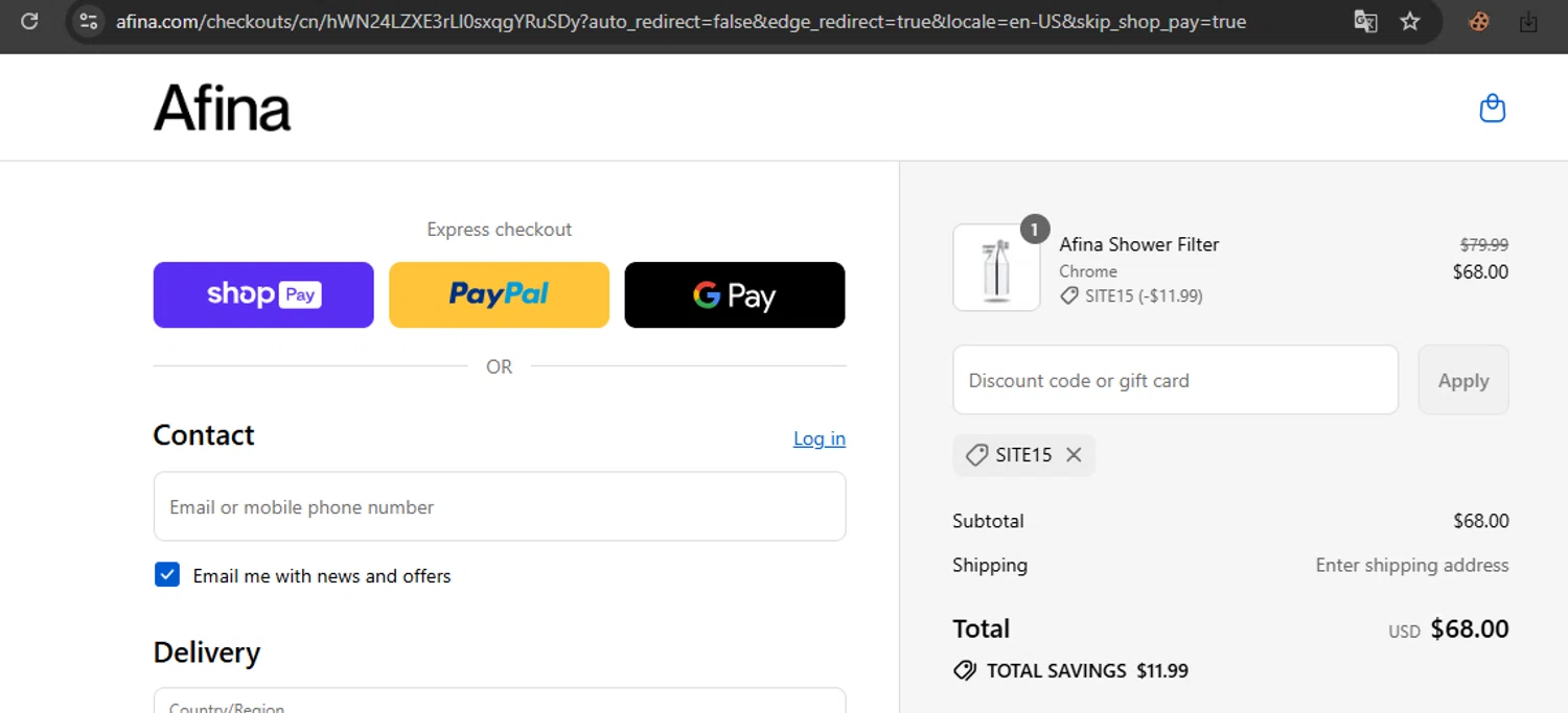 Afina Shower promo code screenshot showing code SITE15 applied at Afina Shower checkout page. Uploaded by SimplyCodes community member javierprez on Aug 21, 2025