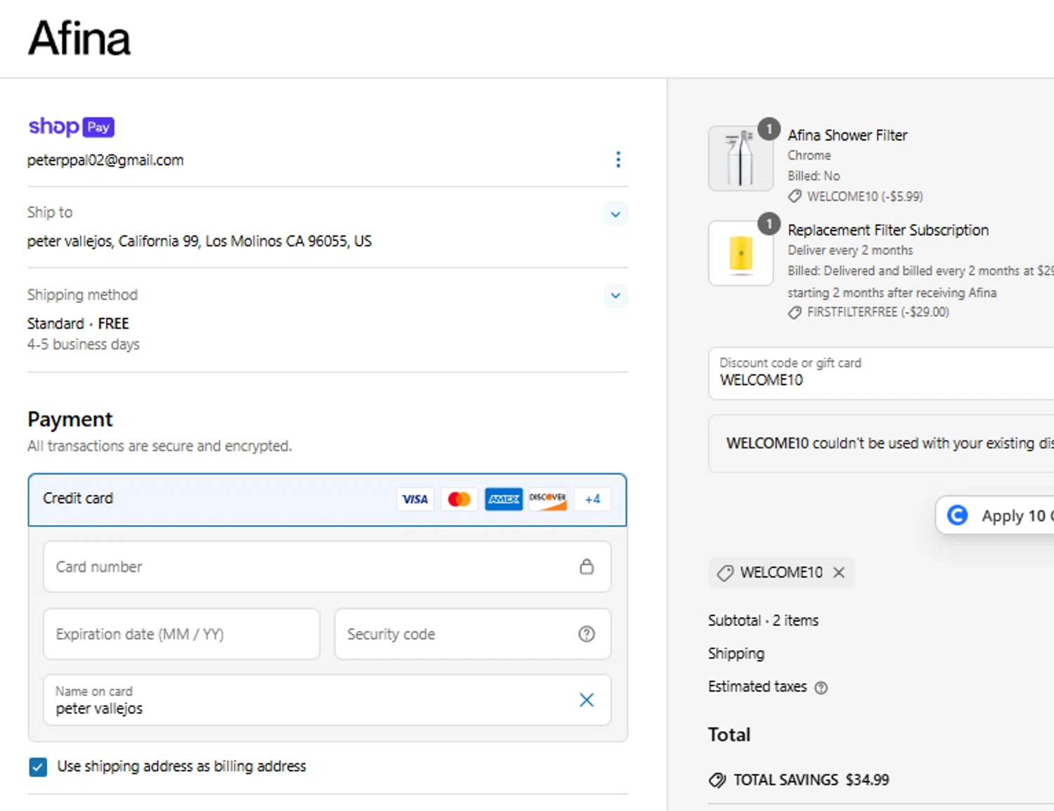 Afina Shower promo code screenshot showing code WELCOME10 applied at Afina Shower checkout page. Uploaded by SimplyCodes community member ricardoramirez1 on Jun 16, 2025