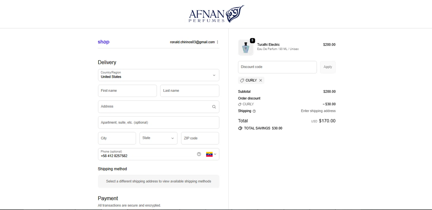 Afnan Perfumes USA promo code screenshot showing code CURLY applied at Afnan Perfumes USA checkout page. Uploaded by SimplyCodes community member GoldAce6962 on Nov 12, 2025