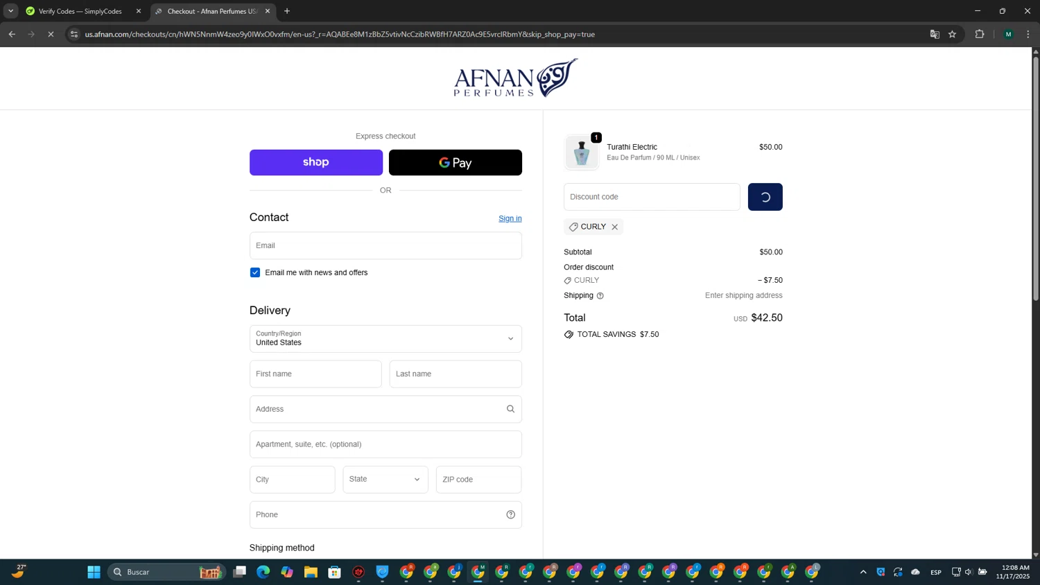 Afnan Perfumes USA promo code screenshot showing code CURLY applied at Afnan Perfumes USA checkout page. Uploaded by SimplyCodes community member MDLECHUZA on Nov 17, 2025