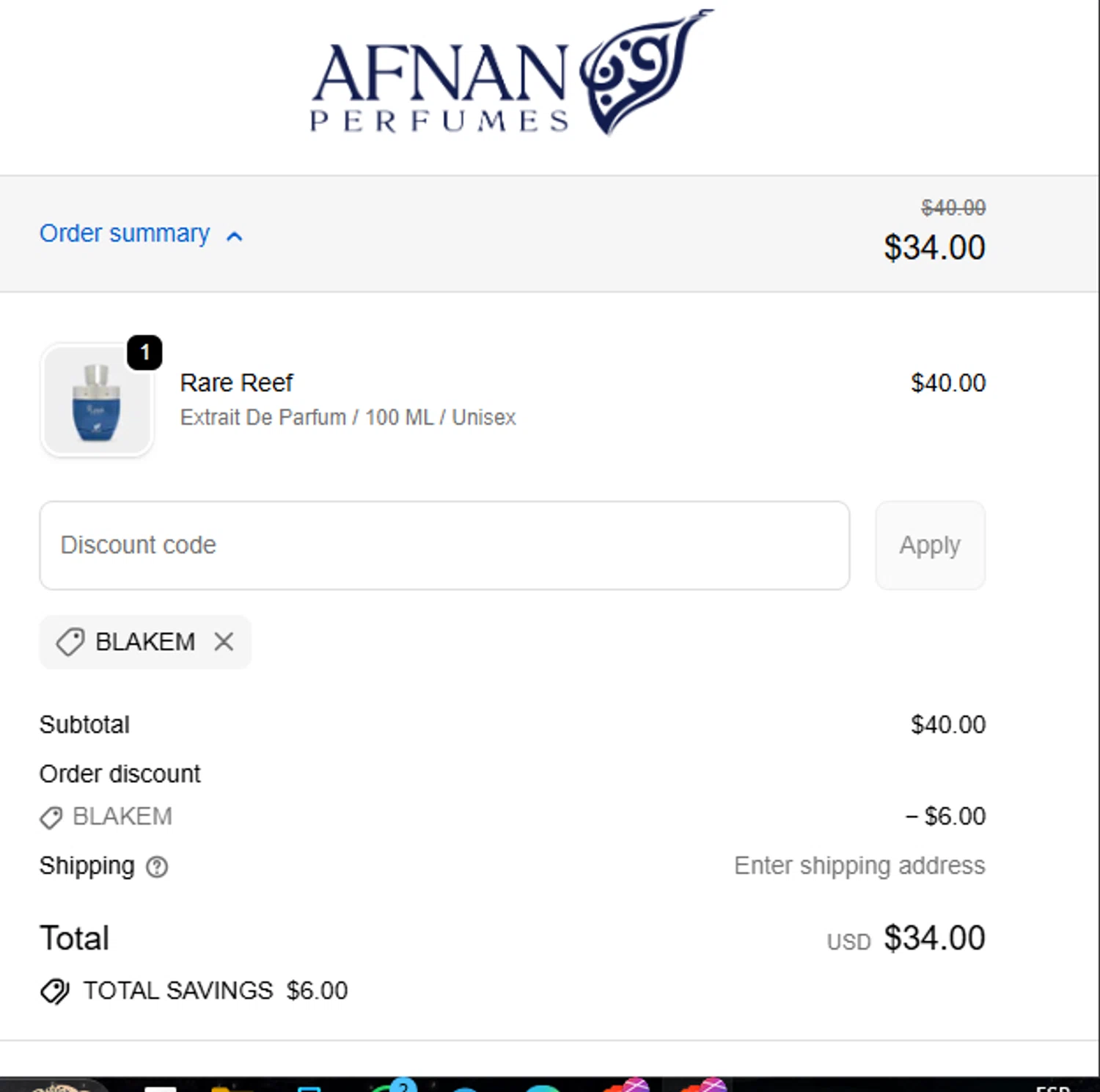 Afnan Perfumes USA promo code screenshot showing code BLAKEM applied at Afnan Perfumes USA checkout page. Uploaded by SimplyCodes community member Guacamole_Picante on Dec 25, 2025