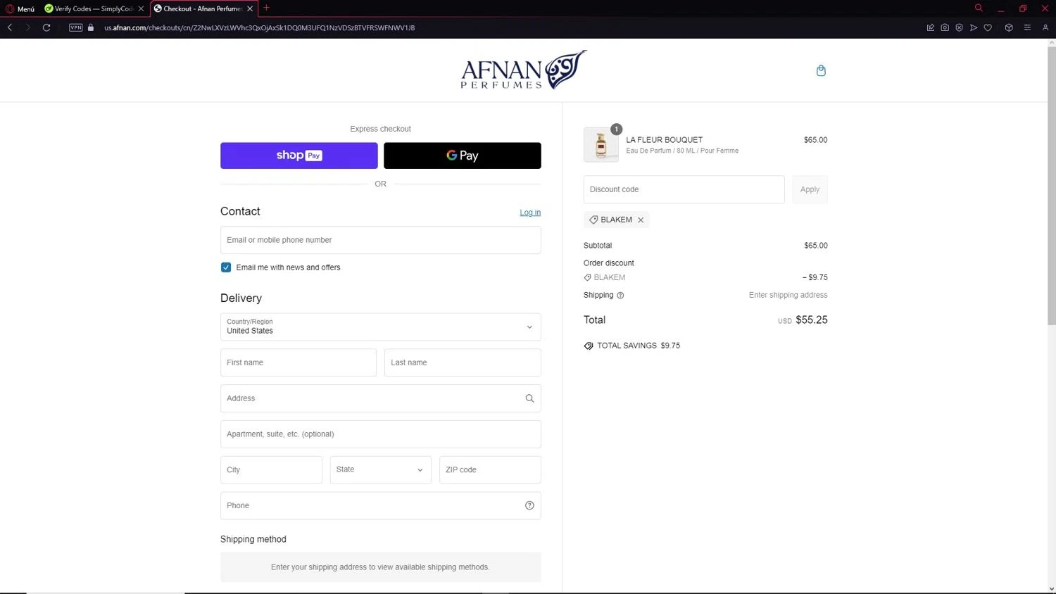 Afnan Perfumes USA promo code screenshot showing code BLAKEM applied at Afnan Perfumes USA checkout page. Uploaded by SimplyCodes community member CleverAdmiral2537 on Feb 18, 2025