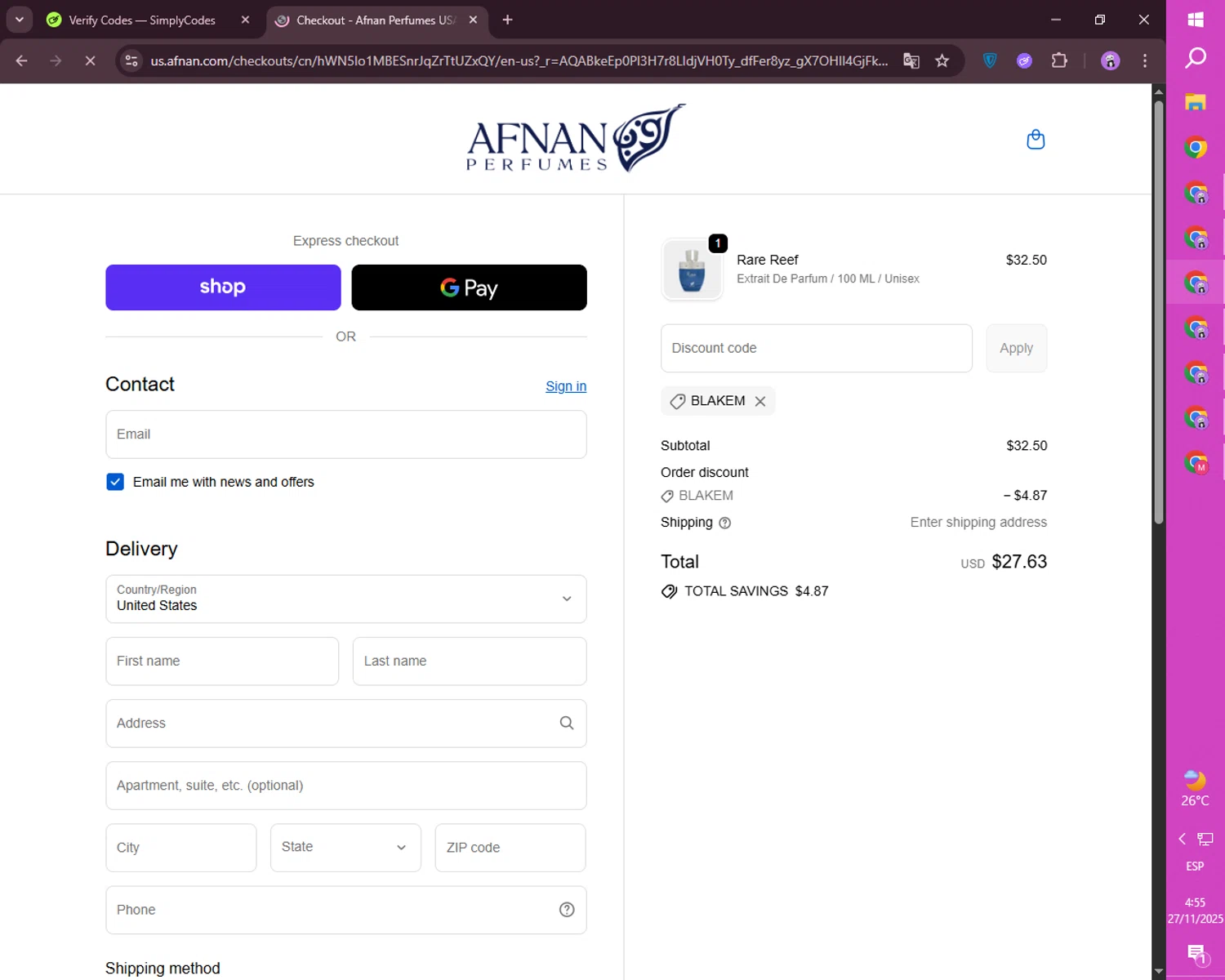 Afnan Perfumes USA promo code screenshot showing code BLAKEM applied at Afnan Perfumes USA checkout page. Uploaded by SimplyCodes community member mileSalima on Nov 27, 2025