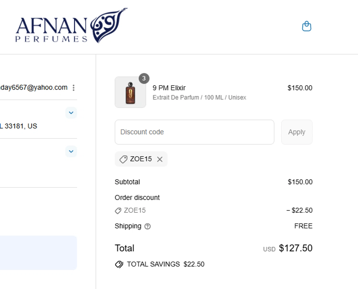 Afnan Perfumes USA promo code screenshot showing code ZOE15 applied at Afnan Perfumes USA checkout page. Uploaded by SimplyCodes community member Lamadama on Aug 11, 2025