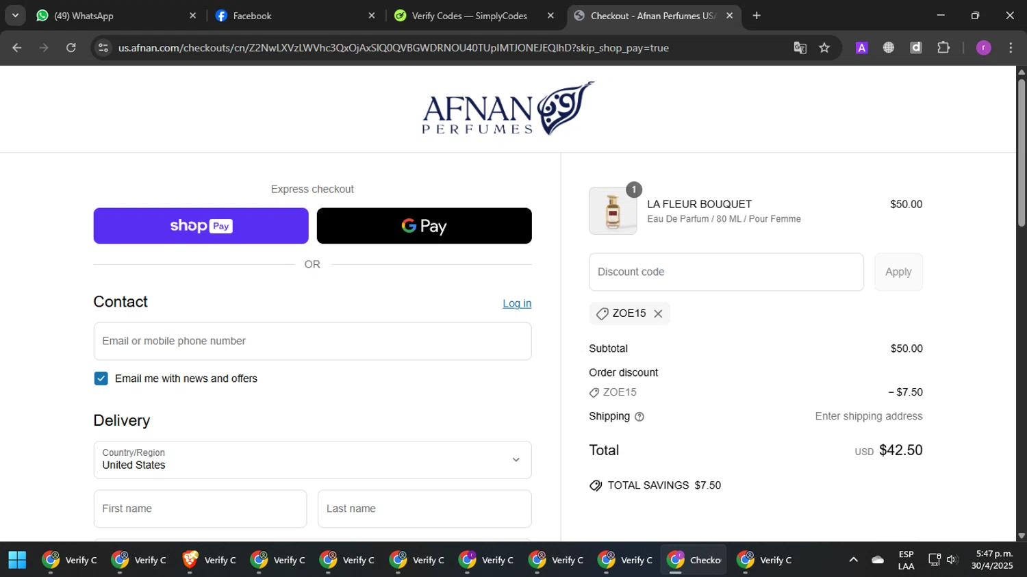 Afnan Perfumes USA promo code screenshot showing code ZOE15 applied at Afnan Perfumes USA checkout page. Uploaded by SimplyCodes community member ashe1986 on Apr 30, 2025