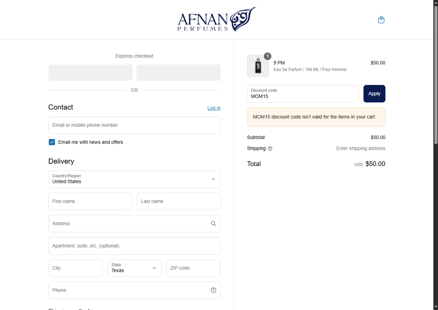 Afnan Perfumes USA promo code screenshot showing code MOM15 applied at Afnan Perfumes USA checkout page. Uploaded by SimplyCodes community member BargainSaver8204 on Jun 29, 2025
