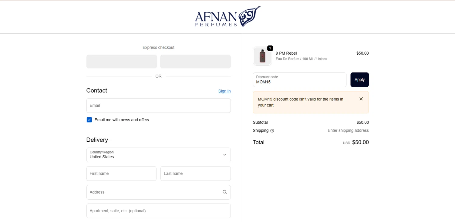 Afnan Perfumes USA promo code screenshot showing code MOM15 applied at Afnan Perfumes USA checkout page. Uploaded by SimplyCodes community member BrillianteMaestro892 on Dec 13, 2025