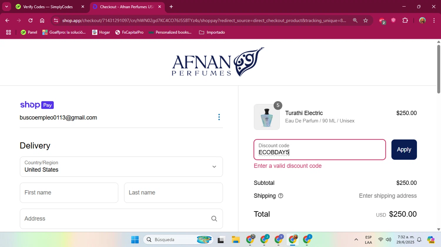 Afnan Perfumes USA promo code screenshot showing code MOM15 applied at Afnan Perfumes USA checkout page. Uploaded by SimplyCodes community member ENGP2105 on Jun 29, 2025