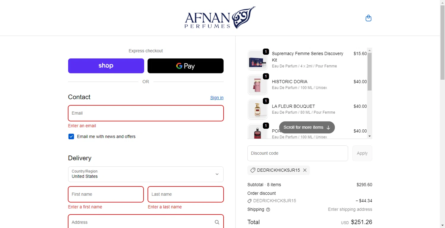 Afnan Perfumes USA promo code screenshot showing code DEDRICKHICKSJR15 applied at Afnan Perfumes USA checkout page. Uploaded by SimplyCodes community member DiscountTracker247 on Nov 12, 2025