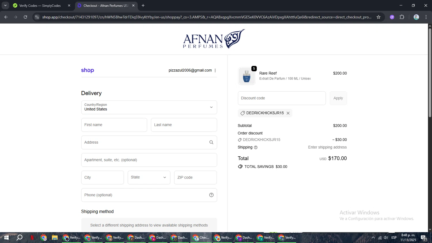 Afnan Perfumes USA promo code screenshot showing code DEDRICKHICKSJR15 applied at Afnan Perfumes USA checkout page. Uploaded by SimplyCodes community member ShrewdSeeker6165 on Nov 12, 2025
