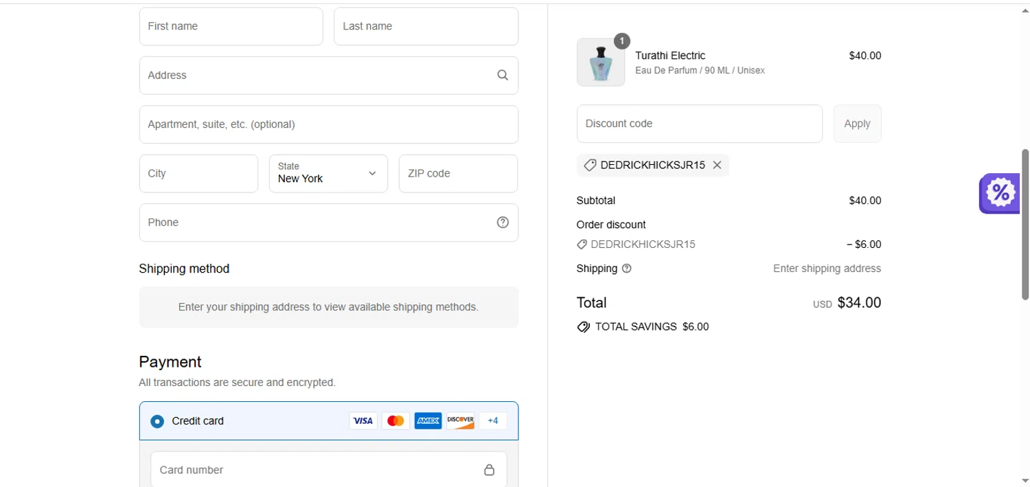 Afnan Perfumes USA promo code screenshot showing code DEDRICKHICKSJR15 applied at Afnan Perfumes USA checkout page. Uploaded by SimplyCodes community member shark12 on Jul 18, 2025