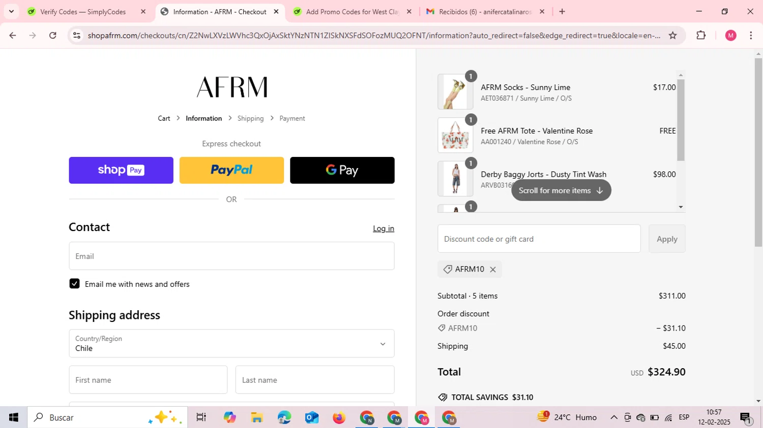 AFRM discount code screenshot showing code AFRM10 applied at AFRM checkout page. Uploaded by SimplyCodes community member MariaPolanco14 on Feb 12, 2025
