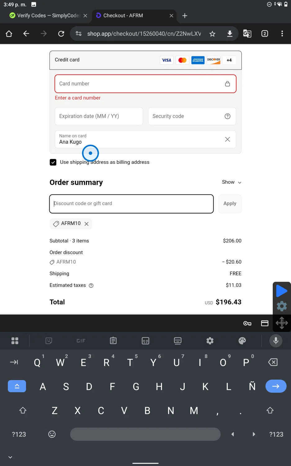 AFRM discount code screenshot showing code AFRM10 applied at AFRM checkout page. Uploaded by SimplyCodes community member SmartWhiz9028 on Mar 31, 2025