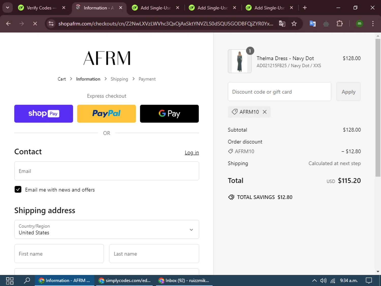 AFRM discount code screenshot showing code AFRM10 applied at AFRM checkout page. Uploaded by SimplyCodes community member LuckyEagle8698 on Feb 12, 2025