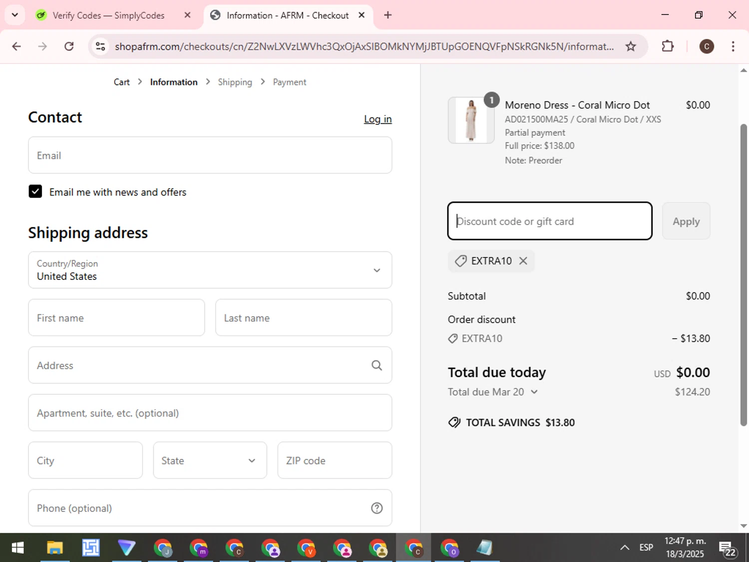 AFRM discount code screenshot showing code EXTRA10 applied at AFRM checkout page. Uploaded by SimplyCodes community member WonderCurator7831 on Mar 18, 2025