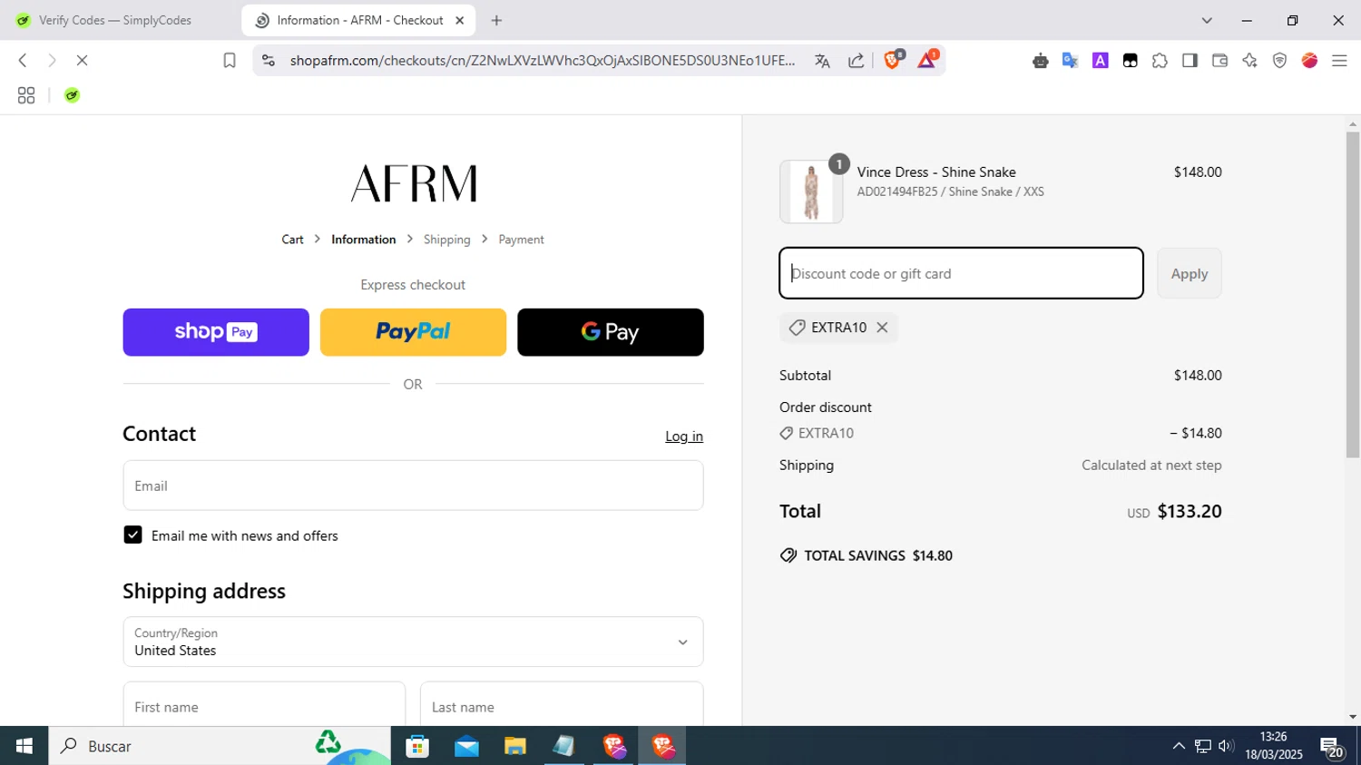 AFRM discount code screenshot showing code EXTRA10 applied at AFRM checkout page. Uploaded by SimplyCodes community member FrugalKnight7213 on Mar 18, 2025