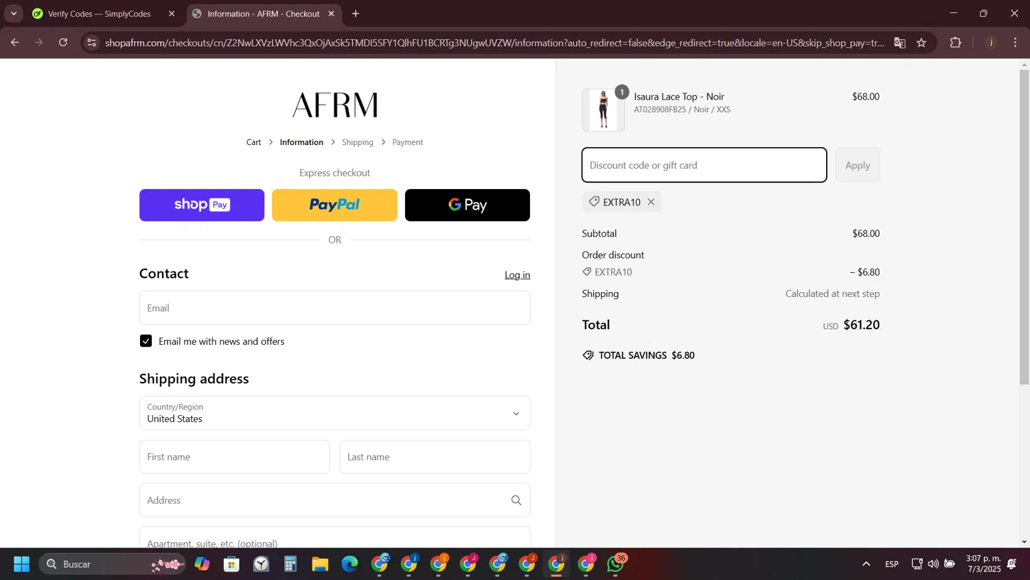 AFRM discount code screenshot showing code EXTRA10 applied at AFRM checkout page. Uploaded by SimplyCodes community member VictoriousVirtuoso7711 on Mar 7, 2025