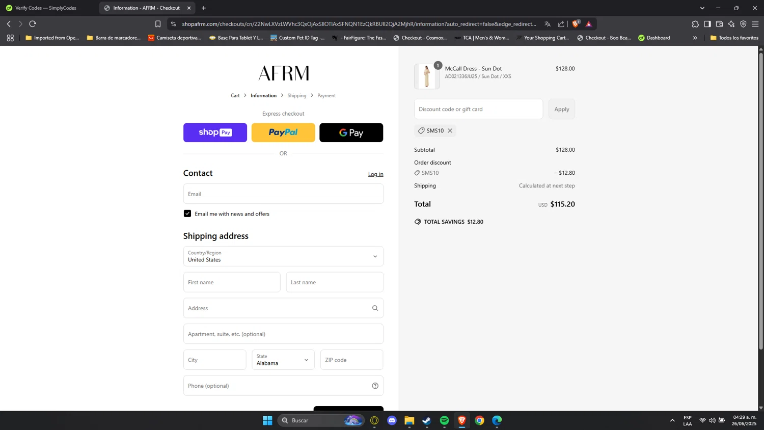 AFRM discount code screenshot showing code SMS10 applied at AFRM checkout page. Uploaded by SimplyCodes community member Anzeer on Jun 26, 2025