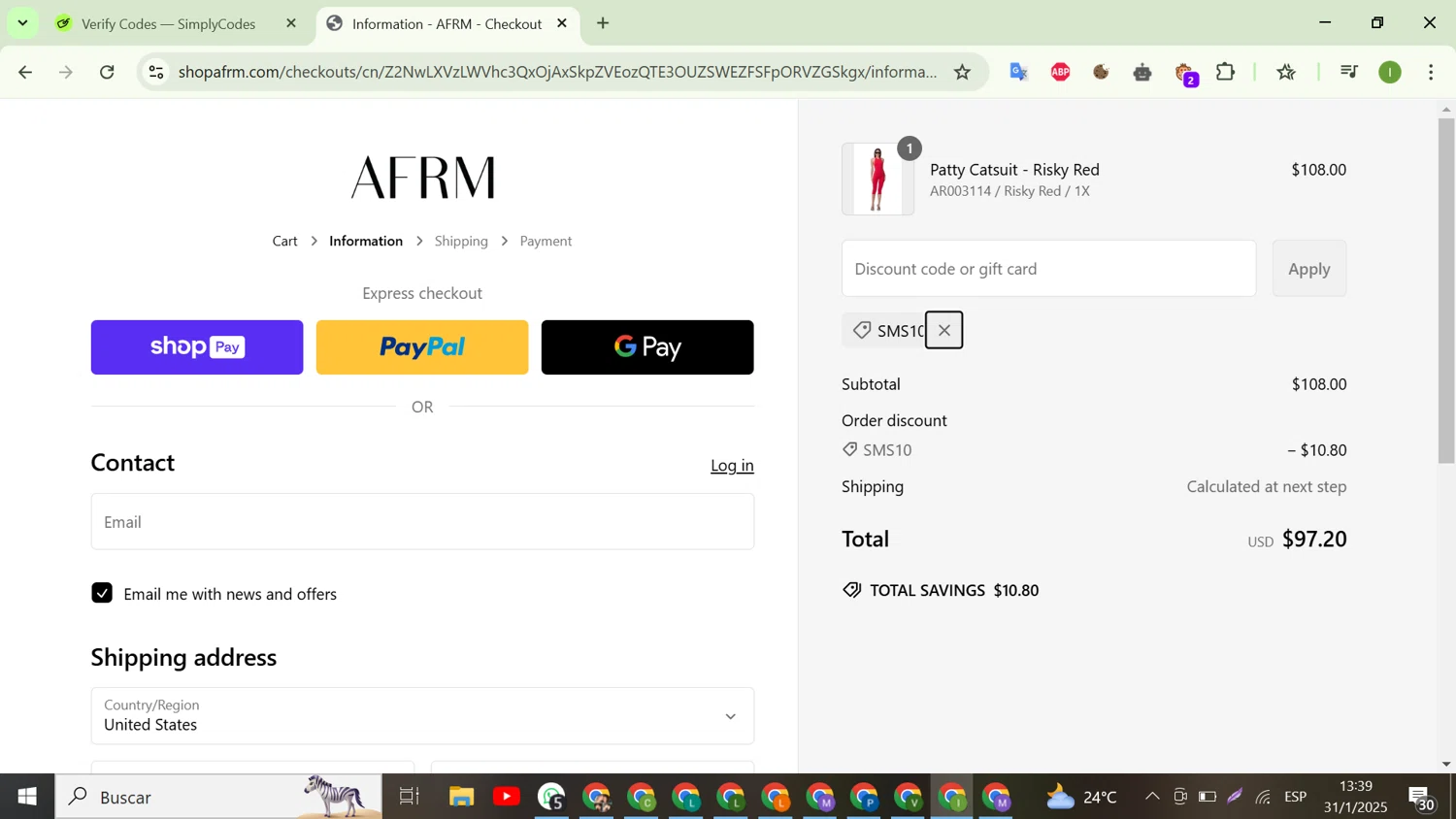 AFRM discount code screenshot showing code SMS10 applied at AFRM checkout page. Uploaded by SimplyCodes community member WonderHunter255 on Jan 31, 2025