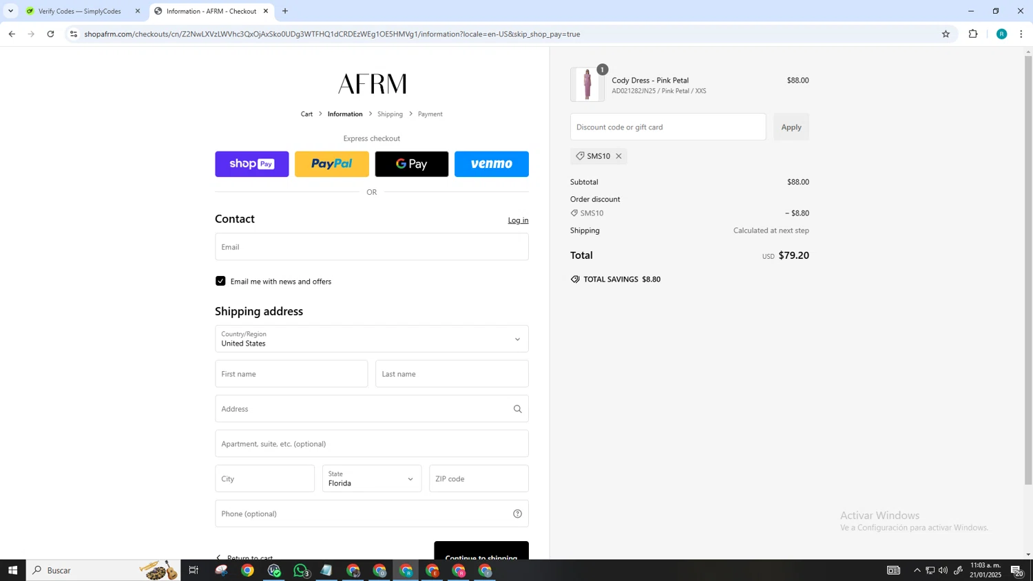 AFRM discount code screenshot showing code SMS10 applied at AFRM checkout page. Uploaded by SimplyCodes community member SmartGenius3209 on Jan 21, 2025