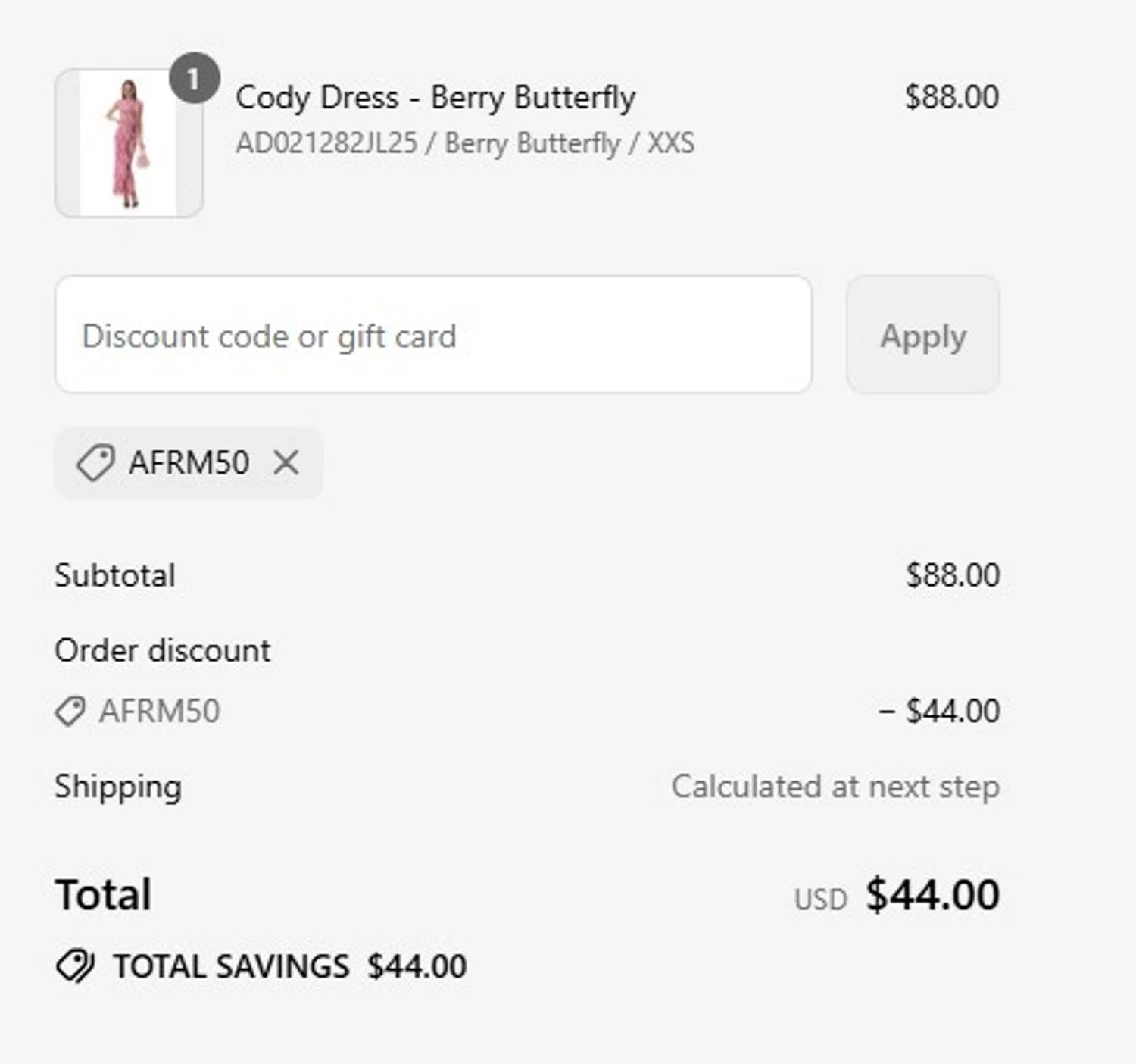 AFRM discount code screenshot showing code AFRM50 applied at AFRM checkout page. Uploaded by SimplyCodes community member MagnificentCollector7829 on Jul 14, 2025