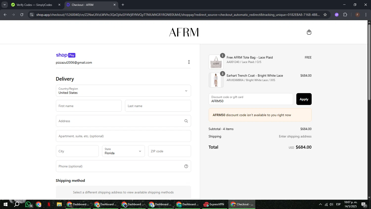 AFRM discount code screenshot showing code AFRM50 applied at AFRM checkout page. Uploaded by SimplyCodes community member ExtraordinaryHunter3076 on May 15, 2025